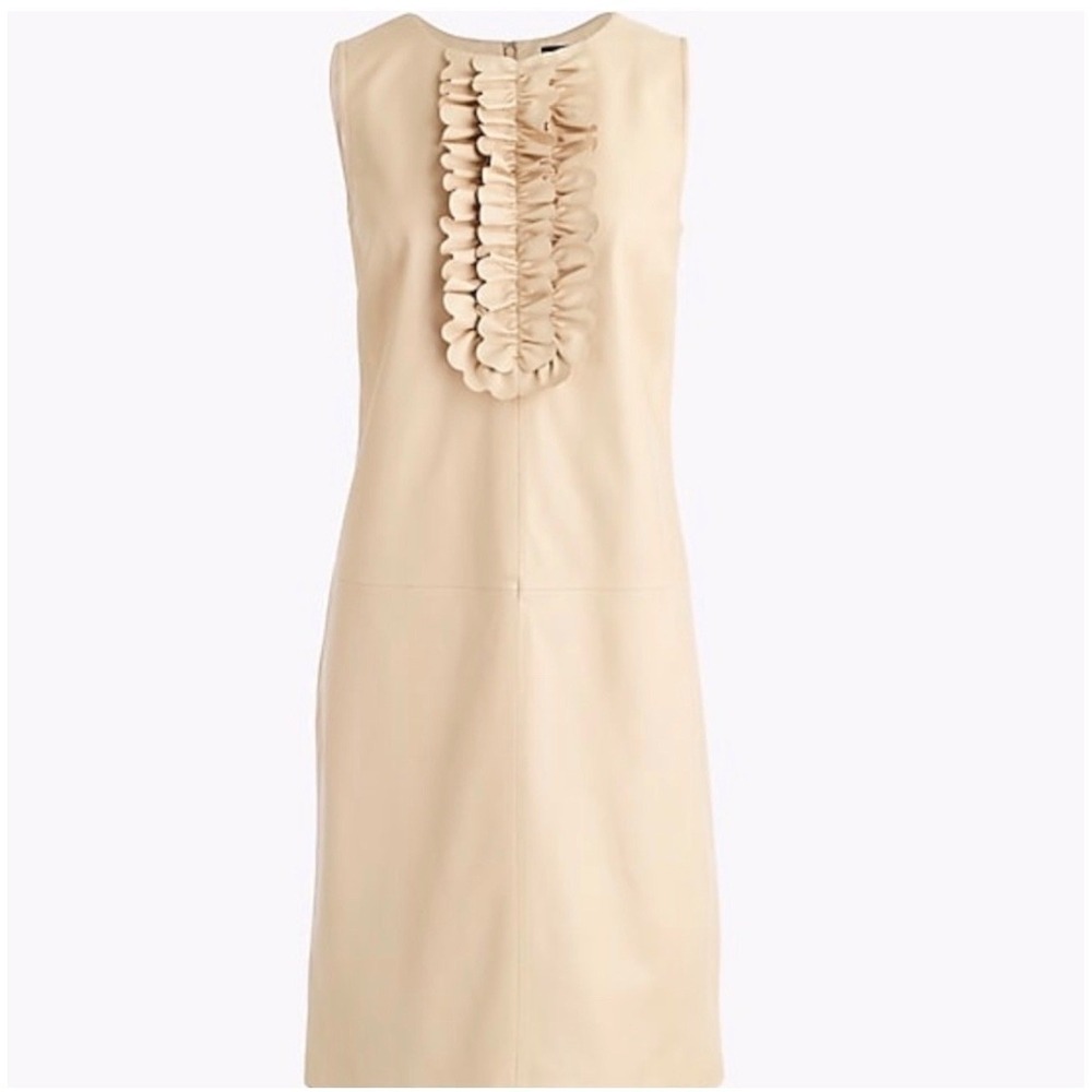 J.Crew Collection Leather Ruffle Sheath Dress Sand Size 2 Luxury Minimalist